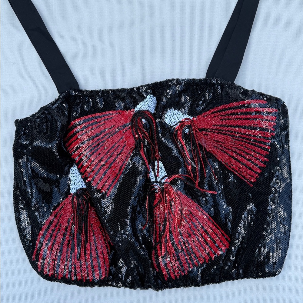 QUEEN OF SPARKLES Black and Red Sequin Crop Top - Size S - Picture 2 of 16